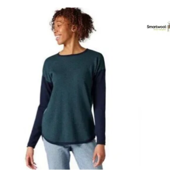Smartwool Women's Shadow Pine Colorblock Sweater  Medium Twilight Blue Heather - Picture 1 of 8